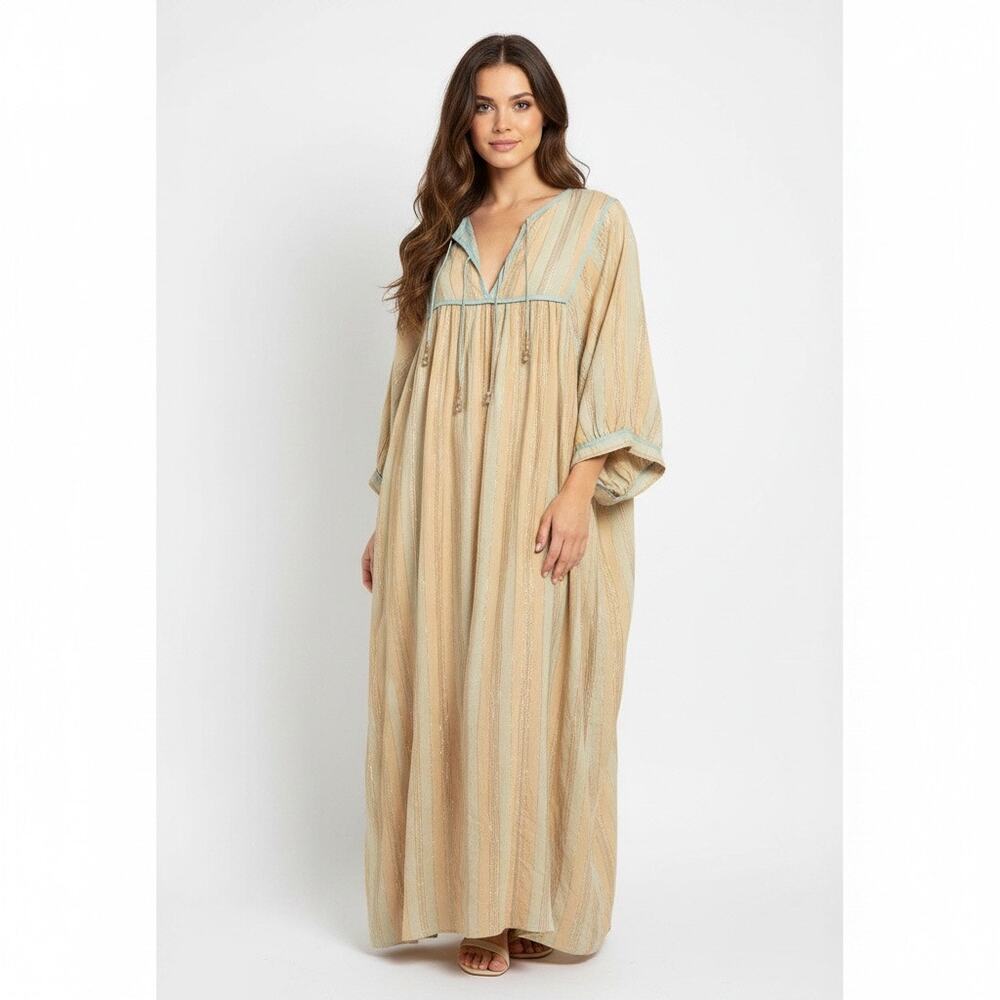 Noa Noa Metallic Stripe Maxi Long Sleeve Peasant Dress Large Boho Cottagecore